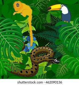 Seamless vector tropical rainforest Jungle background with kids animals