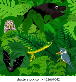 Seamless vector tropical rainforest Jungle background with kids animals