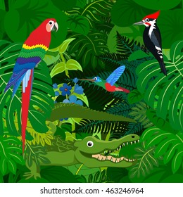 Seamless vector tropical rainforest Jungle background with kids animals