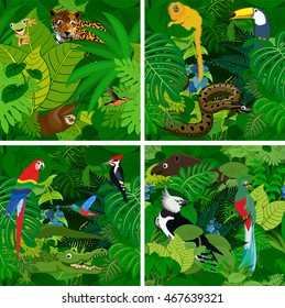 Seamless vector tropical rainforest Jungle background with kids animals