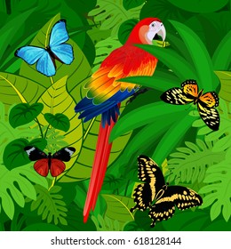 Seamless vector tropical rainforest Jungle background with parrot and butterflies