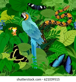 Seamless vector tropical rainforest Jungle background with ara macaw parrot, python and butterflies