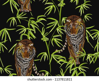 Seamless vector tropical  summer pattern background with  tiger, bamboo. Perfect for wallpapers, web page backgrounds, surface textures, textile. Japanese ethnic embroidery.