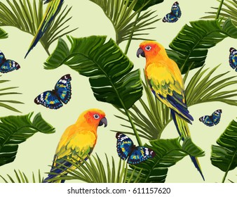  Seamless vector tropical summer pattern background with parrots,  butterflies, tropical leaves.