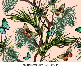  Seamless vector tropical summer pattern background with butterflies an palm leaves.