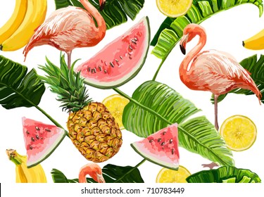 Seamless vector tropical  summer pattern with pink flamingo,  banana leaves,  pineapple, watermelon and lemon slices, banana.  Perfect for wallpapers, web page backgrounds, surface textures, textile.