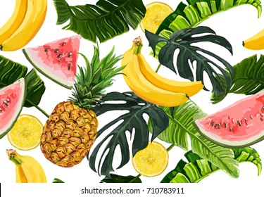 Seamless vector tropical  summer pattern with  banana leaves, monstera,  pineapple, watermelon and lemon slices, banana fruit.  Perfect for wallpapers, web page backgrounds, surface textures, textile.