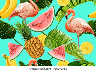 Seamless vector tropical  summer pattern with pink flamingo,  banana leaves,  pineapple, watermelon and lemon slices, banana.  Perfect for wallpapers, web page backgrounds, surface textures, textile.