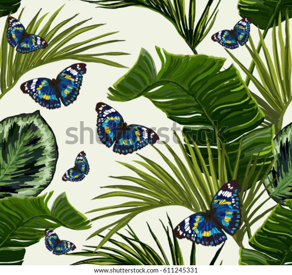  Seamless vector tropical summer pattern background with butterflies.