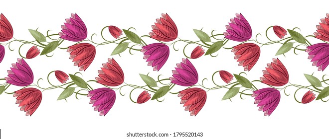 Borde de flores de tulipán vectorial sin foco sobre fondo blanco