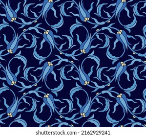 Seamless vector tulip pattern in azure color palette. Can be resized and repeated along large decorative surfaces like fabric patterns, wallpapers, beddings. 