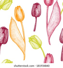 Seamless vector tulip pattern. Spring vintage background with hand drawn tulips.