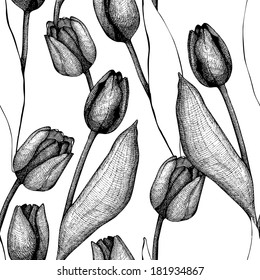 Seamless vector tulip pattern. Spring vintage background with hand drawn black tulips.