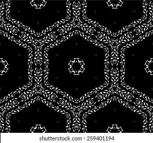 Seamless vector turkish geometric pattern with monochrome small flowers, leaves and hexagons.