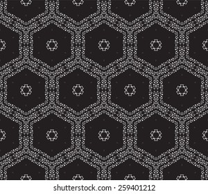 Nahtlose, türkisfarbene geometrische Muster mit monochromen kleinen Blumen, Blättern und Sechsecken.