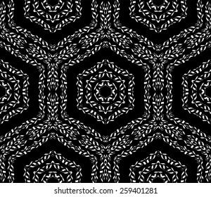 Seamless vector turkish geometric pattern with monochrome small flowers, leaves and hexagons.