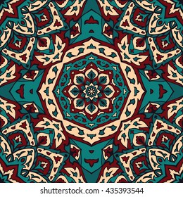 Seamless vector turquoise background with round element. Ornament with mandalas. Template for fabric, wallpaper, textiles, bedcover, carpet, tile, shawl, cushion. Stylized colorful ethnic pattern. 