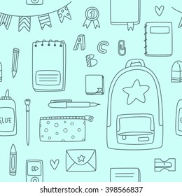 Seamless vector turquoise background: school and office supplies