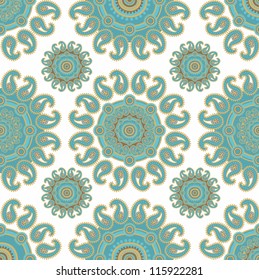 Seamless vector turquoise- brown paisley pattern on white background