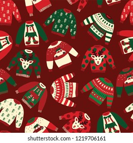 Seamless Vector Ugly Christmas sweaters pattern. Knitted winter jumpers with norwegian ornaments and decorations. Holiday background green, red, white for fabric, gift wrap, greeting cards, posters