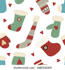 Seamless Vector Ugly Christmas sweaters pattern. Knitted winter jumpers with Norwegian ornaments and decorations. Holiday background green, red, white for fabric, gift wrap, greeting cards, posters