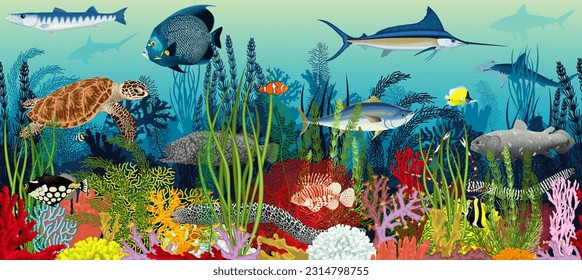 seamless Vector underwater coral reef horizontal pattern. Undersea bottom texture with colorful tropical fishes, sharks and  green sea turtle