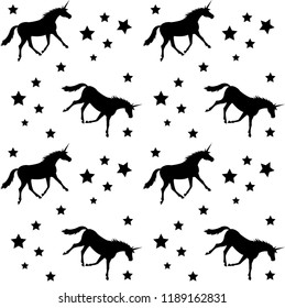 seamless vector unicorn black silhouette pattern with stars isolated on white