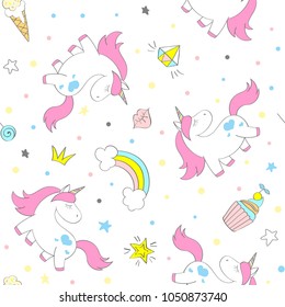 Seamless vector unicorn pattern for kids textile, prints, wallpaper, scrapbooking. Doodle cute unicorn with doodle elements repeating background.