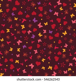 seamless vector valentine background with hearts, birds and butterflies