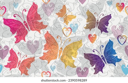 Seamless vector valentine pattern with colorful  translucent butterflies and hearts and curls ornament on white
