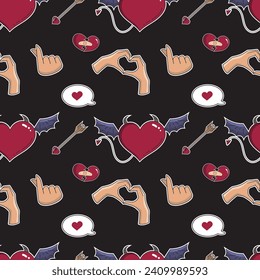 Seamless vector Valentine pattern. Love pattern with devil heart, heart with hands, cupids arrow.