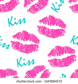 Seamless vector valentine pattern with sexy pink lips and word KISS on white background.  