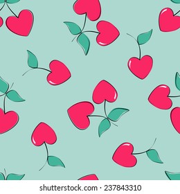 Seamless vector Valentine's background with heart shape cherries. Design for fabric and decor.