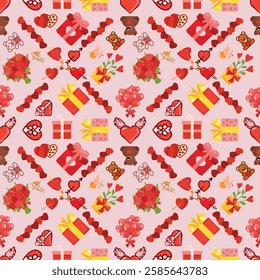 Seamless vector Valentine's Day pattern featuring love elements on a soft pink background. Perfect for greeting cards, wallpapers, textiles, and digital designs.