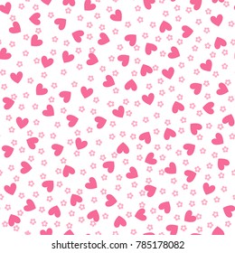 Seamless vector valentine`s day pink hearts and flowers pattern