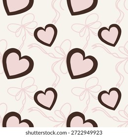 Seamless vector Valentine's pattern with minimalist hearts and coquette bows. Symbolizing delicate affection, trendy "girlhood" aesthetics, and romantic grace.