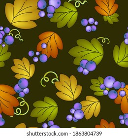 seamless vector vegetable pattern with autumn grape leaves, berries and curls on a dark background
