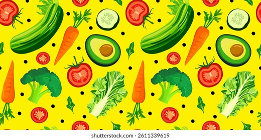 seamless vector vegetable pattern with avocado, tomatoes, cucumbers, carrots, polka dots on yellow background for menu design, food packaging and canning labels