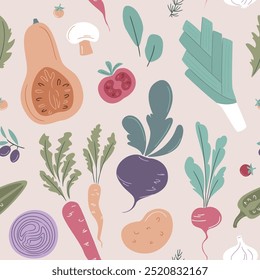 Seamless vector vegetable pattern. Organic food. Background in flat style. Pumpkin, Tomato, Carrot, Onion, Radishes, Beetroot, Pepper, Cucumber, Mushrooms, Olives, leek, spinach, arugula