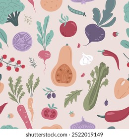 Patrón vegetal de Vector sin costuras. Alimentos orgánicos. Fondo en estilo plano. Calabaza, Tomate, Brócoli, Zanahoria, Cebolla, Rábanos, Remolacha, Pimienta, Pepino, Patata, Setas, Aceitunas