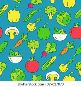 Seamless vector vegetarian pattern of different vegetables on a blue background, painted by hand.
