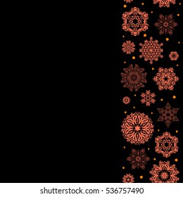 Seamless vector vertical background. Winter Holiday Knitted Pattern with orange and brown Circles, Dots and Snowflakes On a Black Background.