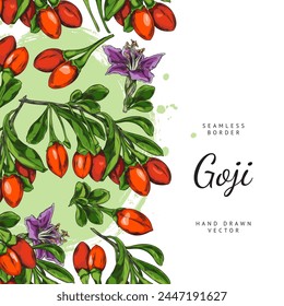 Seamless vector vertical border with an empty space for text, hand-drawn with red goji berries, purple flowers, leaves and petals on a watercolor green spot background