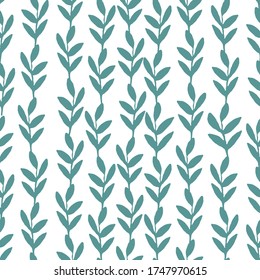 Seamless vector vertical leaves pattern. Green brunches with leaves isolated on white background. Design for textile, fashion, decoration. 