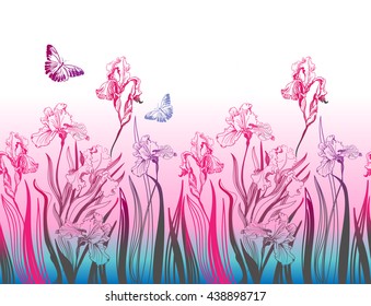 Seamless vector vertical pattern with irises and butterfly.Template for banner,textile, book design.