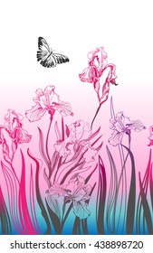 Seamless vector vertical pattern with irises and butterfly.Template for banner,textile, book design.