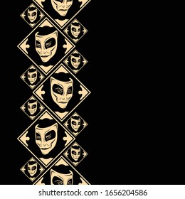 Seamless vector vertical pattern. Theatrical mask. Gold rhombus. Comedy. Tragedy. Cheerful and sad. Kind and evil. Endless texture for textile design. Vector color background.