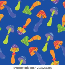 Seamless vector vibrant pattern with trippy mushrooms on bright blue background. Acid tpippy mushrooms pattern 