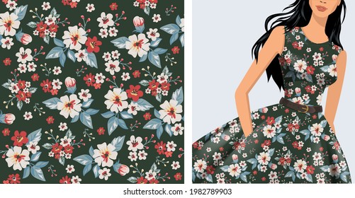 Seamless vector vintage floral pattern for gift wrap, fabric, cover and interior design with flowers. And example of usage with mock up pattern 