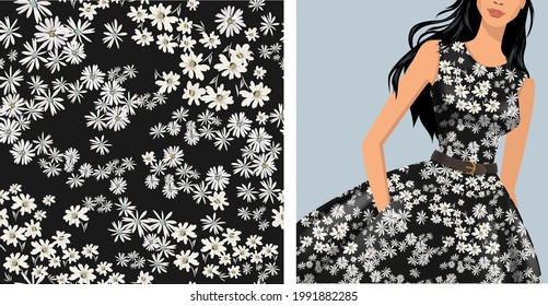 Seamless vector vintage floral pattern for gift wrap, fabric, cover and interior design with flowers. And example of usage with mock up pattern